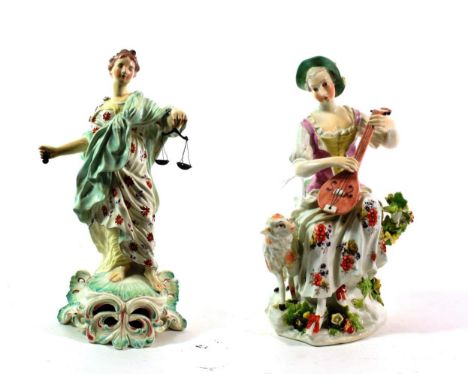 A Derby Porcelain Figure of a Shepherdess, circa 1770, seated playing a lute, a sheep at her feet, on a mound base, 22.5cm hi