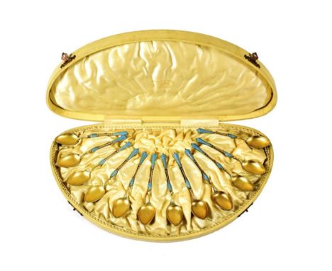A Cased Set of Twelve Danish Silver-Gilt and Enamel Teaspoons, Retailed by Laurits Berth, Copenhagen, Late 19th/Early 20th Ce