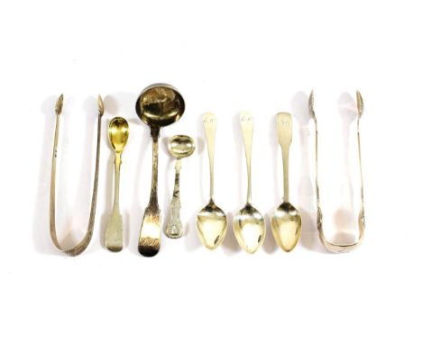 A Collection of Scottish and Scottish Provincial Silver Flatware, comprising: a pair of sugar-tongs, maker's mark rubbed, pro