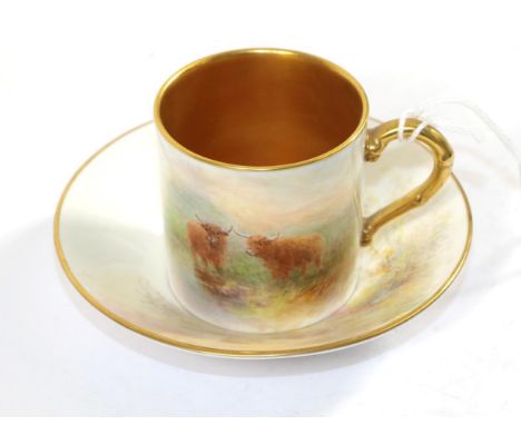 A Royal Worcester Porcelain Coffee Can and Saucer, painted by Harry Stinton, 1959, painted with highland cattle, signed, prin