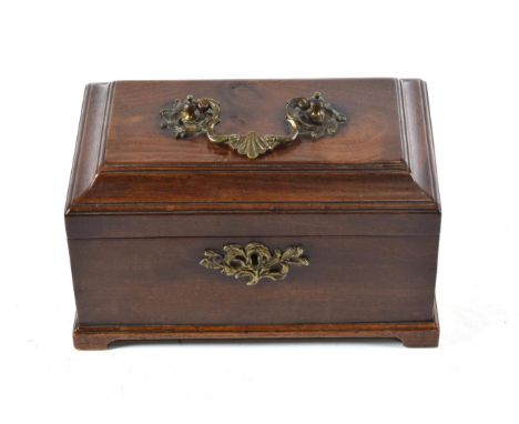 A George III Mahogany Tea Caddy, the domed cover with shell and scroll cast handle on a rectangular body and bracket feet, 24