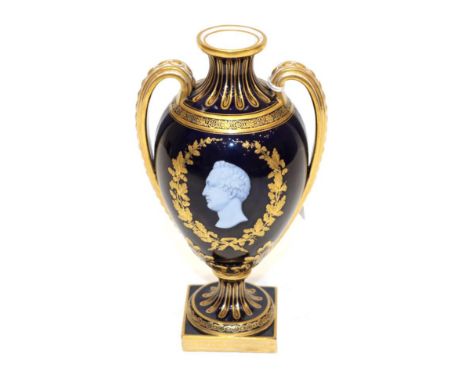 A Coalbrookdale Porcelain Commemorative Vase, circa 1850, of twin-handled urn shape, with pâte-sur-pâte portrait, possibly Ro