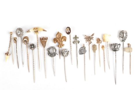 Twenty-One Stick Pins; including one with a tooth suspended, cased, silver examples, a fairy example, a George &amp; Dragon e