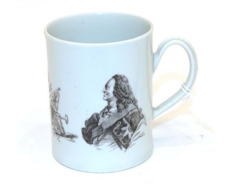 A Worcester Porcelain Cylindrical Mug, circa 1759-60, printed in black with a bust portrait of a George II and a titled figur