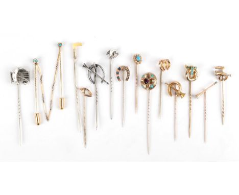 Fourteen Stick Pins, including a diamond set horn and crop, cased; other hunting related examples; turquoise set examples etc