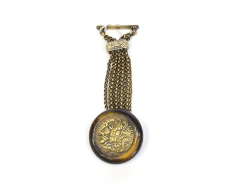 A Japanese Manju Netsuke, Meiji, of circular form repoussé with a dragon on a multiple link chain, 15cm long