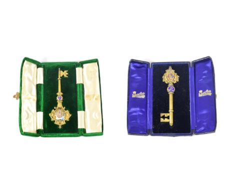 An Edward VII Silver-Gilt and Enamel Presentation Key, by Fattorini and Sons Ltd., Birmingham, 1905, the quatrefoil shaped te
