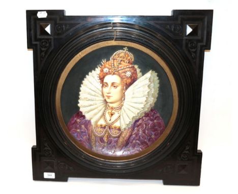 A French Pottery Plaque, late 19th century, of dished circular form, painted with a bust portrait of Elizabeth I, 36cm diamet