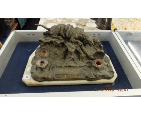 A Tiger and Serpent bronze inkwell on stand, signed En-Lucha