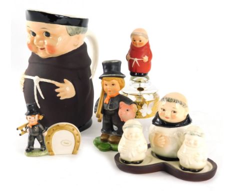 Various Goebel Hummel monk figures, etc., to include hand bell, 18cm high, and other in brown, cruet set, etc., Boy Sweep and