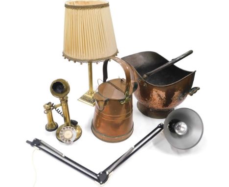 Metalware, brassware, etc., a brass table lamp with material shade, 54cm high, a modern Anglepoise lamp, coal helmet, candles