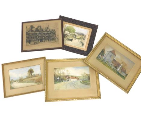 Noel Hill (20th). Road before buildings and trees, watercolour, signed, 16cm x 24cm, another, (a pair), George Hailing (Edwar