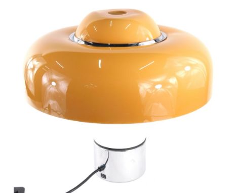 A Harveiluce Harvey Guzzini table lamp of mushroom form, with brown shade and cylindrical stem, modern electrical fitting, 34