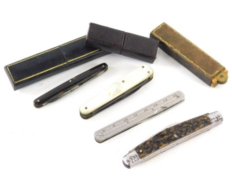 Various penknives, mother of pearl example, when closed 7cm wide, further cased penknives, another marked Wragg with ruler bo