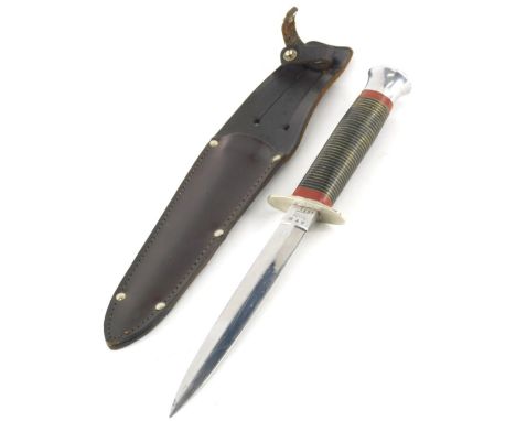 An R T R Nger William Rodgers English sheath dagger, with plain blade, turned handle and compressed pommel, with brown leathe