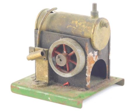 A 20thC Mamod style stationary engine, with cylinder and articulated cog, on a green metal base, unmarked, 14cm high.