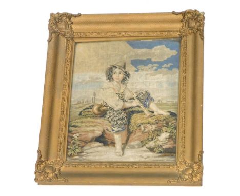 A 19thC tapestry. Child on rock work before buildings, 38cm x 31cm.