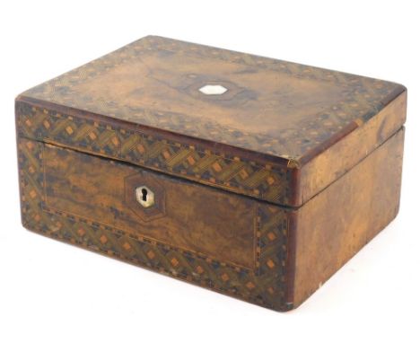 A 19thC walnut and Tunbridge style jewellery casket, of rectangular form with central mother of pearl inlaid vacant cartouche