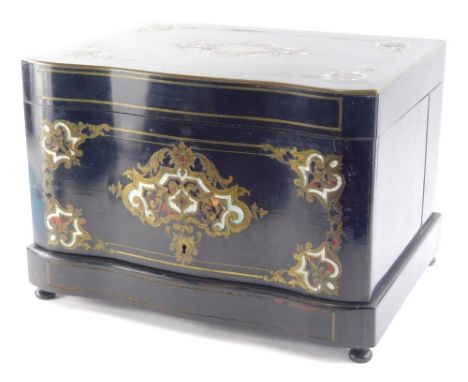 A 19thC French black lacquered decanter box, of serpentine rectangular form, inlaid with metal work and mother of pearl to th