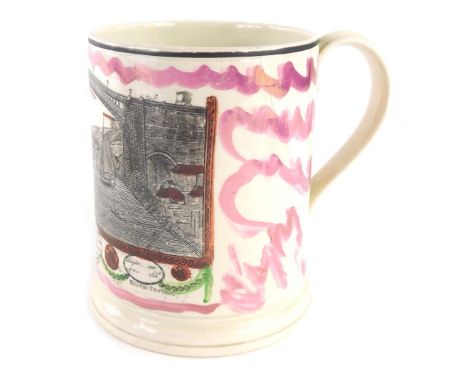 A late 18thC Jay Phillips Hylton pottery Sunderland lustre frog mug, Ironbridge Memorial, decorated in colours, 15cm high.