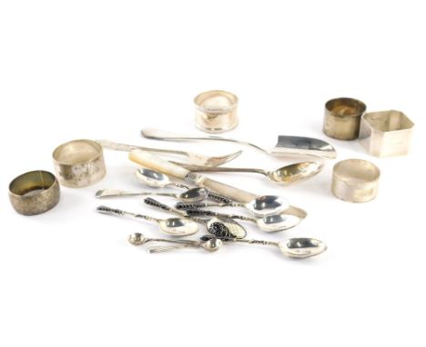 Various silver and silver plated ware, enamel teaspoons, napkin rings, silver and others, an Elizabeth II napkin ring of plai