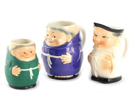 Various Goebel Hummel monk figures, to include one in blue, 14cm high, another smaller in cream and a smaller version in gree