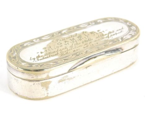 A 19thC oval silver plated snuff box, presented to J Gamble, with etched lid, thumb mould handle and plain interior, 8cm wide