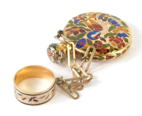 A 20thC enamel pendant scent bottle, with ring top and chain hanger, the circular body with compressed stopper enamelled with