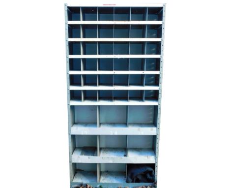 A set of industrial shelving, with pigeon holes, (AF), 177cm high, 92cm wide, and a tin trunk, bearing initials RHH/