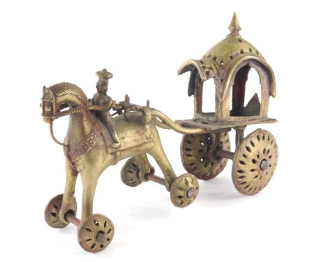 An Eastern model of a horse and cart, in gilt coloured brass red highlights on wheels, possibly a child's toy, 21cm high.