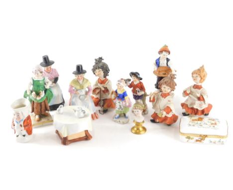 Various porcelain figures, pair of Sitzendorf figures of girl and boy, each dressed in finery, 13cm high, Capodimonte and oth