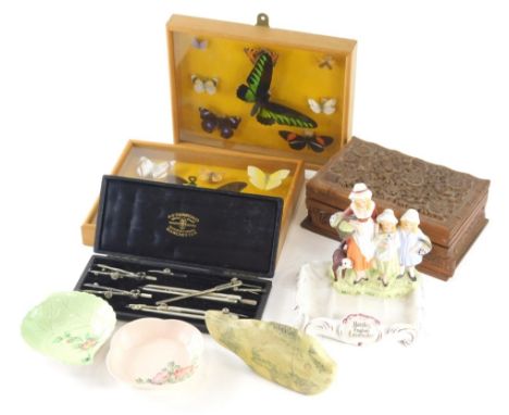 Various wares, unusual carved fish ornament, 17cm wide, Lavender advertising soap dish, cased geometry set, carved box, two C