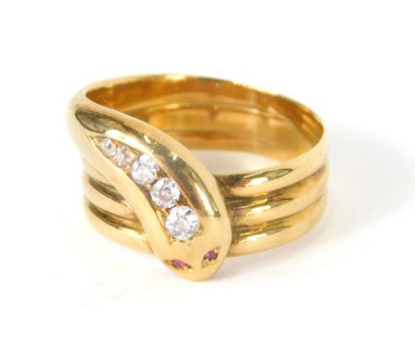 An 18ct gold serpent dress ring, inset with tiny diamonds and rubies, 9.8g all in, size U.