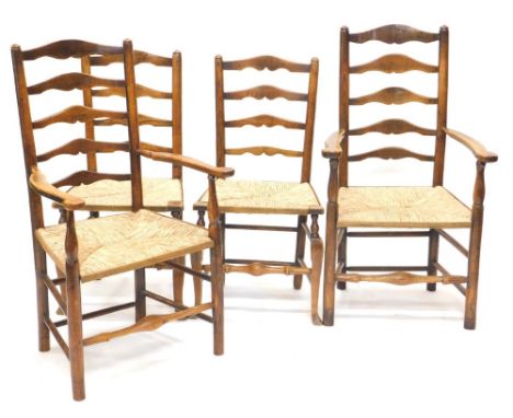 An associated set of four 19thC ash and elm ladder back dining chairs, each with a rush seat on turned legs, 112cm high, two 