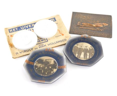 Various Flying Dutchman related items, etc., a pair of KLM London-Melbourne-Race October 1934, Uiver plates and other marked 