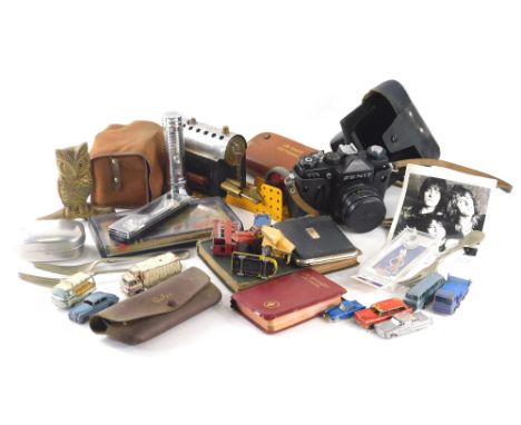 Various wares, cameras, Zenit TTL2/58 lens, Meccano style stationary engine, 13cm high, various other die cast vehicles, play