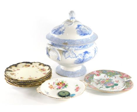 A 19thC blue and white Roselle transfer printed tureen and cover, 36cm high, various 19thC cabinet plates, famille rose plate