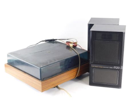 A vintage Garrard turntable in teak case, 42cm wide, and two Fisher standard STE-M20 speakers. (3)