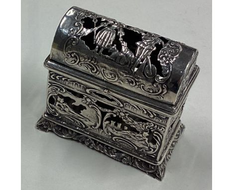 A novelty 19th Century silver tea caddy with pierced decoration. Marked to base. Approx. 95 grams. Est. £120 - £150.