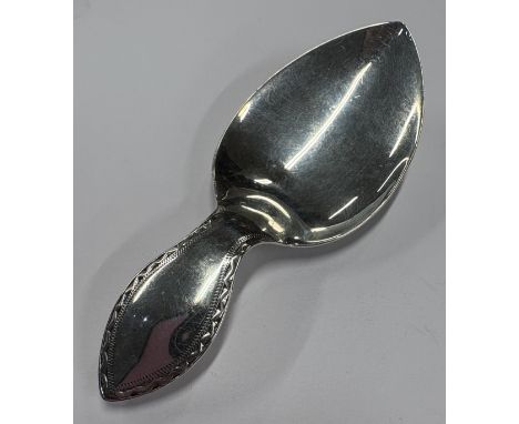 A good silver caddy spoon with bright-cut rim in the Georgian style. Approx. grams. Est. £15 grams. Est. £20 - £30.