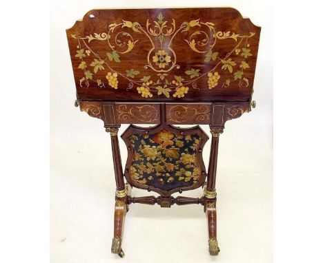 A fine Victorian rosewood card table/fire screen, the upright folding top with striking double sided marquetry decoration of 