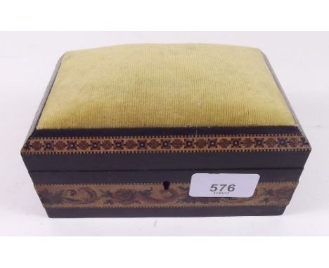 A Victorian Tunbridgeware box with pin cushion lid, label to base - T.Barton Late Nye 