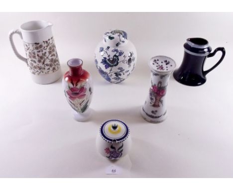 A Masons ginger jar 'Belvedere', a hat pin stand, glass vase, a Poole preserve pot and two jugs