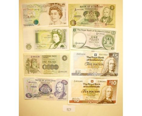 (8) British banknotes including: Bank of Scotland £1 prefix D/26, £5 EK Royal Bank of Scotland £5 prefix A/2 7, £10 A/4 C and