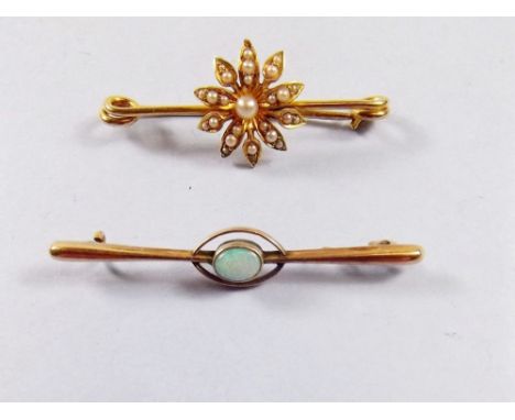 An Edwardian 15ct gold bar brooch set pearls in flowerhead design and an Edwardian opal 9ct gold bar brooch - a/f