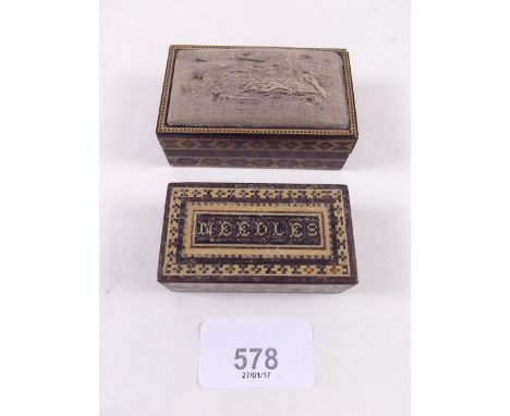 A Victorian Tunbridgeware 'Needle' box and pin box with pin cushion sliding lid 