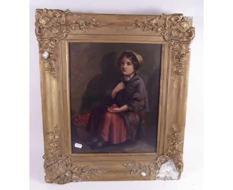 An oil on board portrait of a young market girl selling fruit