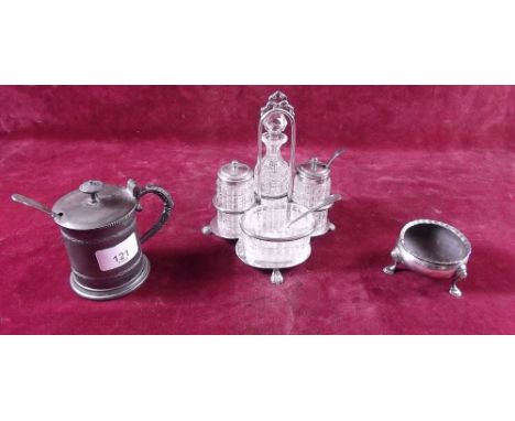 A silver plated cruet bottle set, a silver plated salt and a pewter mustard pot with Georgian silver spoon 