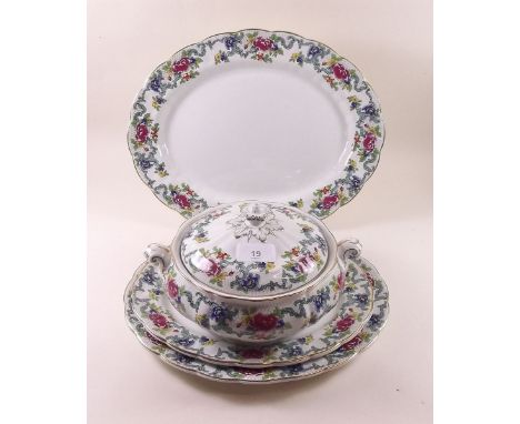 A Booths Floradora dinner service comprising: tureen, six cups and saucers, six tea plates, six bowls, six breakfast plates, 