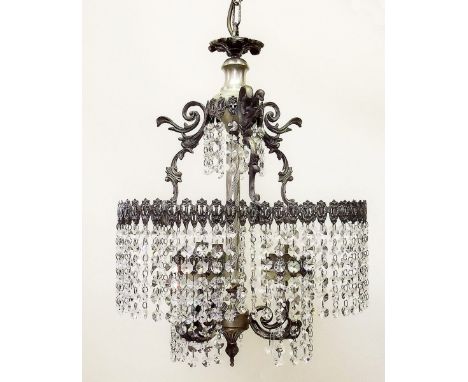 A 20th century cut glass and silvered metal triple light chandelier with filigree edging  